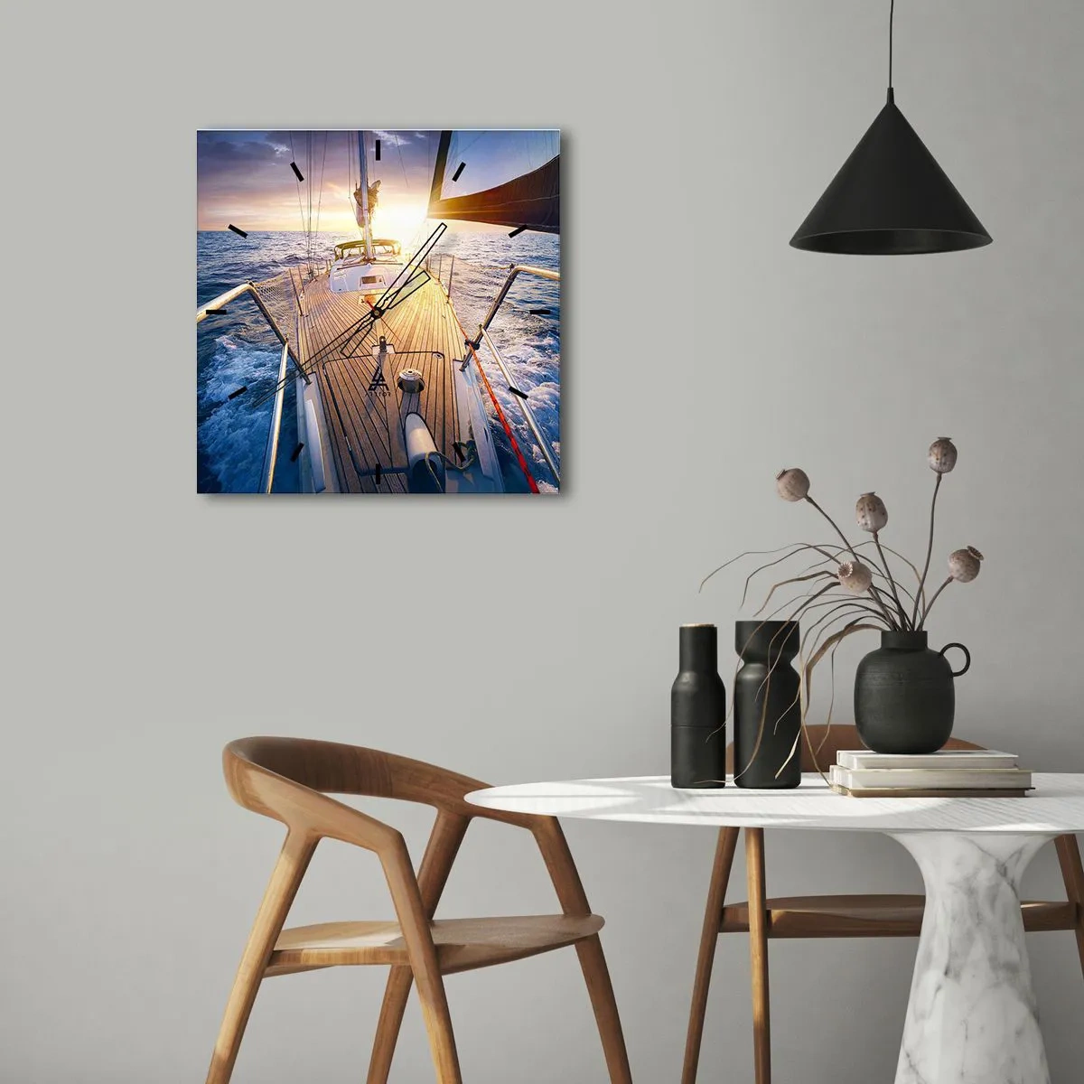 Wanduhr - Glasuhr - Yacht auf See bei Sonnenuntergang - 30x30cm - Laufen unter den Wellen - Moderne Wanddekoration für Wohnzimmer und Schlafzimmer ARTTOR