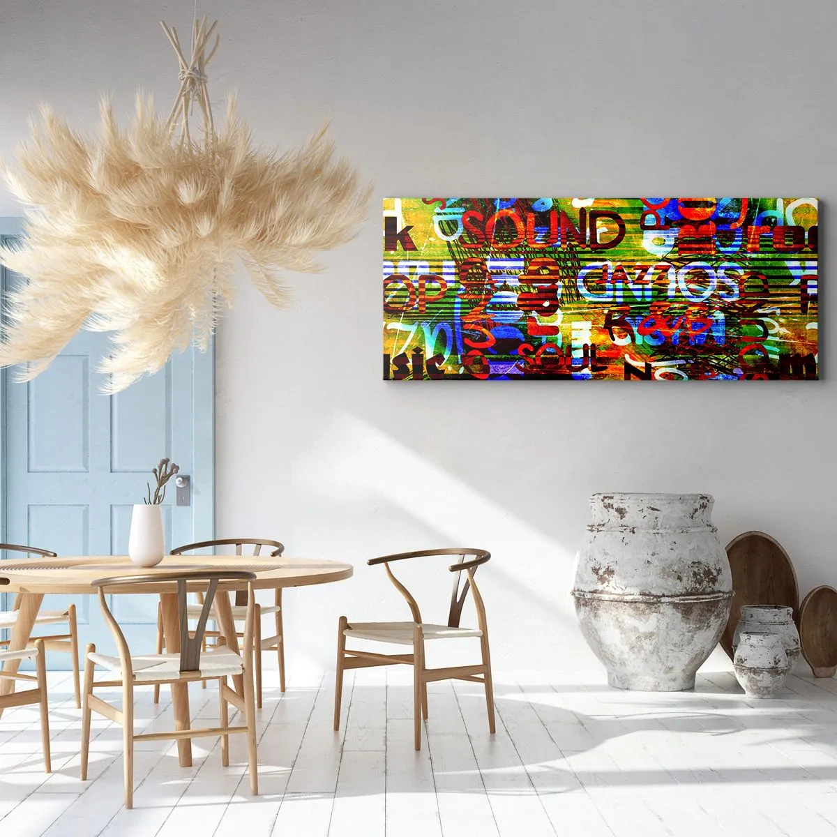 Bild auf Leinwand - Leinwandbild - Bunte Abstraktion mit Musikinschriften im Pop-Art-Stil - 160x50cm - Alle Farben des Klangs - Moderne Wanddekoration für Wohnzimmer und Schlafzimmer ARTTOR