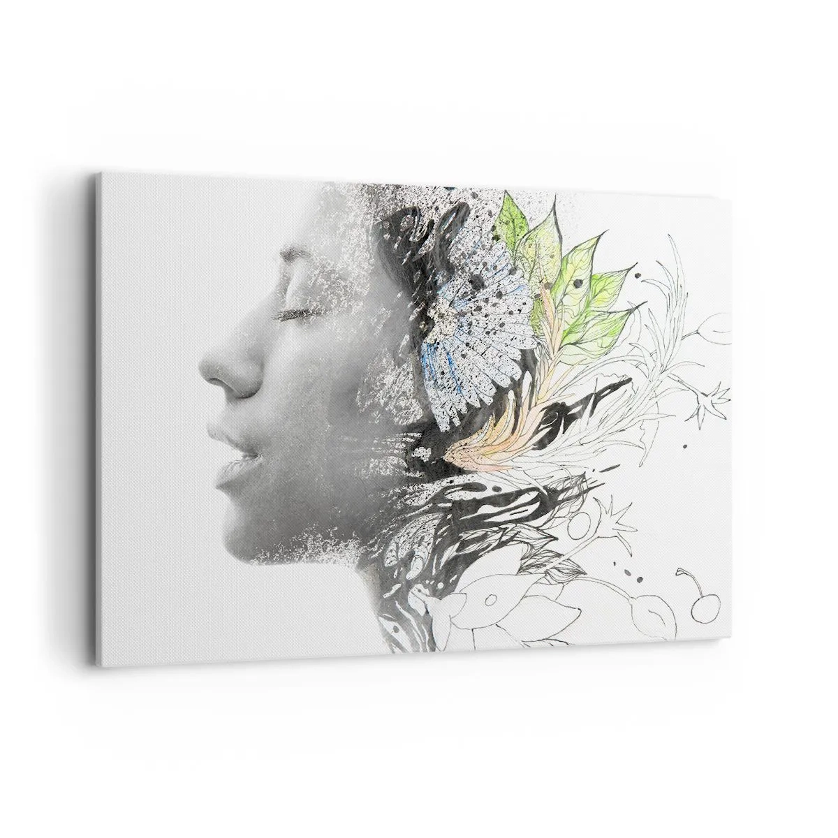 Bild auf Leinwand - Leinwandbild - Profil einer Frau in einer künstlerischen Collage aus Natur und Schwärze - 100x70cm - Eingebettet in der Natur - Moderne Wanddekoration für Wohnzimmer und Schlafzimmer ARTTOR