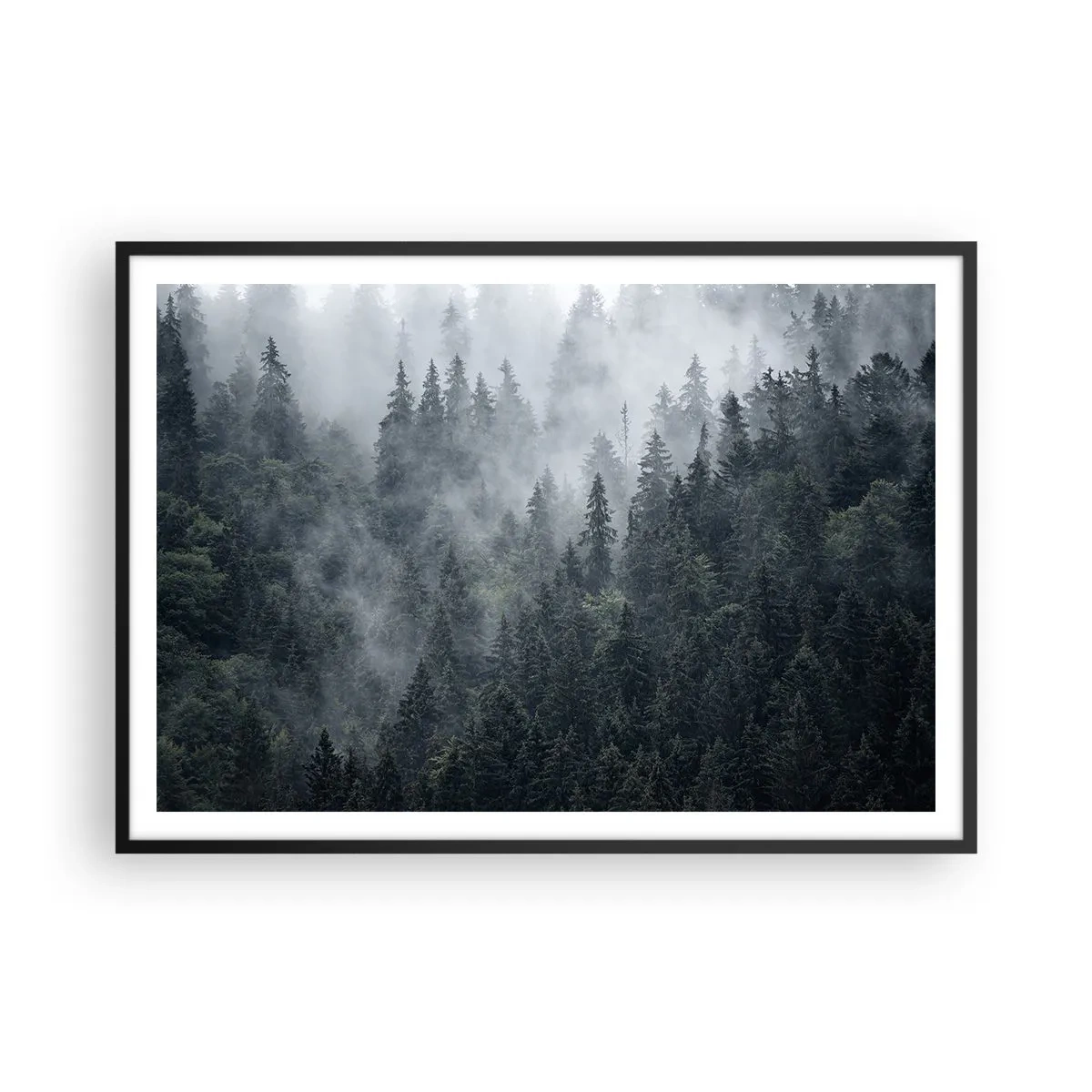 Poster in einem schwarzem Rahmen - Nebliger Nadelwald in Grau- und Grüntönen - 100x70cm - Walddämmerung - Moderne Wanddekoration für Wohnzimmer und Schlafzimmer ARTTOR