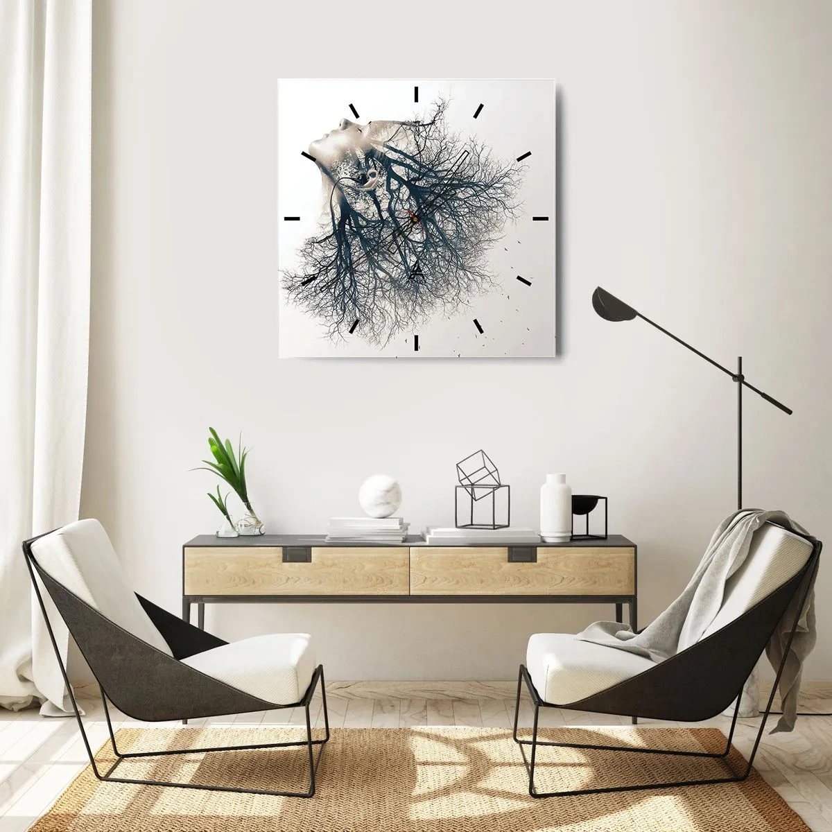 Wanduhr - Glasuhr - Kreative Silhouette einer Frau und Bäume - 30x30cm - Dem Rauschen der Bäume lauschen - Moderne Wanddekoration für Wohnzimmer und Schlafzimmer ARTTOR