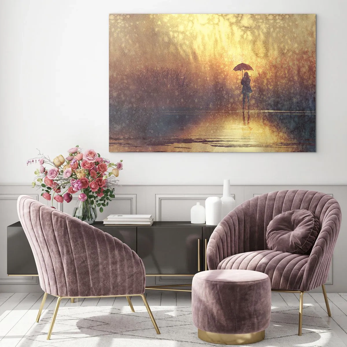 Glasbild - Bild auf glas - Eine Figur mit Regenschirm im Licht der untergehenden Sonne und des Regens - 70x50cm - Ich habe das Gefühl, dass mich jemand ansieht - Moderne Wanddekoration für Wohnzimmer und Schlafzimmer ARTTOR