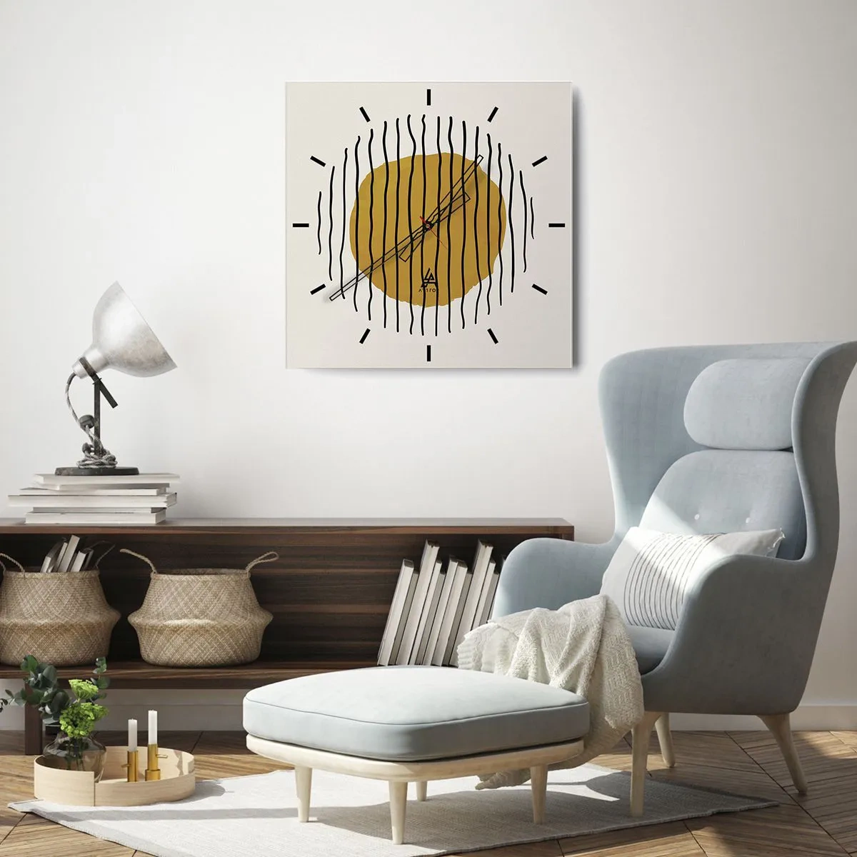 Wanduhr - Glasuhr - Ein minimalistisches Motiv mit einem gelben Kreis und schwarzen Linien. - 30x30cm - Abstraktion, die vor Hitze zittert - Moderne Wanddekoration für Wohnzimmer und Schlafzimmer ARTTOR