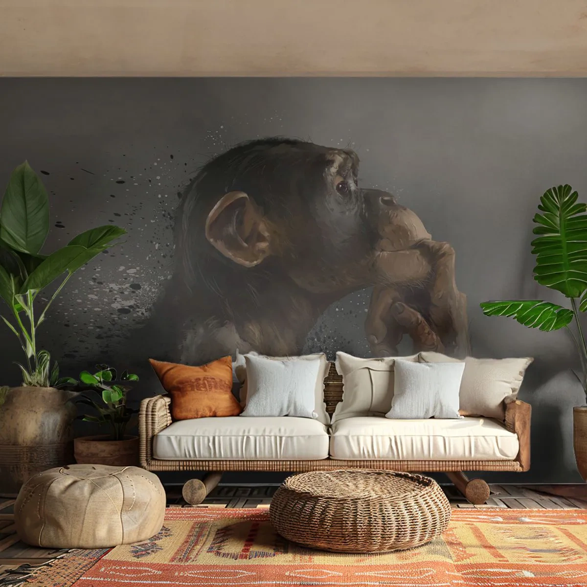 Fototapete Premium Sand - Porträt eines nachdenklichen Affen vor dunklem Hintergrund im künstlerischen Stil - 100x70cm - Sicherlich ein Denker - Moderne Wanddekoration für Wohnzimmer und Schlafzimmer ARTTOR