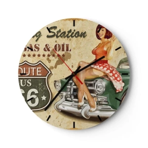 Wanduhr - Glasuhr - Pin-up-Girl und Retro-Auto - 30x30cm - Die großen Jahre der 40er. - Moderne Wanddekoration für Wohnzimmer, Küche und Schlafzimmer ARTTOR
