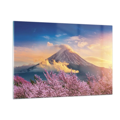 Glasbild - Bild auf glas - Der Berg Fuji im Hintergrund mit blühenden Sakura-Bäumen im Vordergrund - 120x80cm - Japanische Heiligkeit - Moderne Wanddekoration für Wohnzimmer und Schlafzimmer ARTTOR