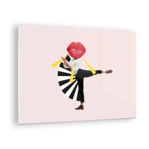 Glasbild - Bild auf glas - Eine surreale Pop-Art-Komposition mit einer Figur mit großem Mund vor einem rosa Hintergrund. - 70x50cm - Surreale Pop-Art - Moderne Wanddekoration für Wohnzimmer und Schlafzimmer ARTTOR