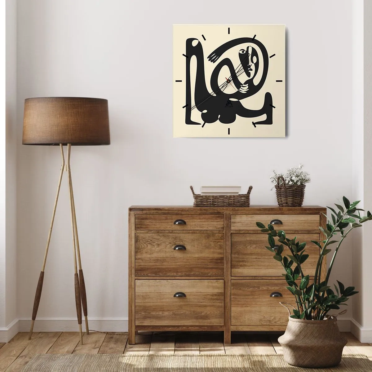 Wanduhr - Glasuhr - Eine abstrakte Figur in Schwarz auf beigem Hintergrund - 30x30cm - Fast wie Picasso - Moderne Wanddekoration für Wohnzimmer und Schlafzimmer ARTTOR