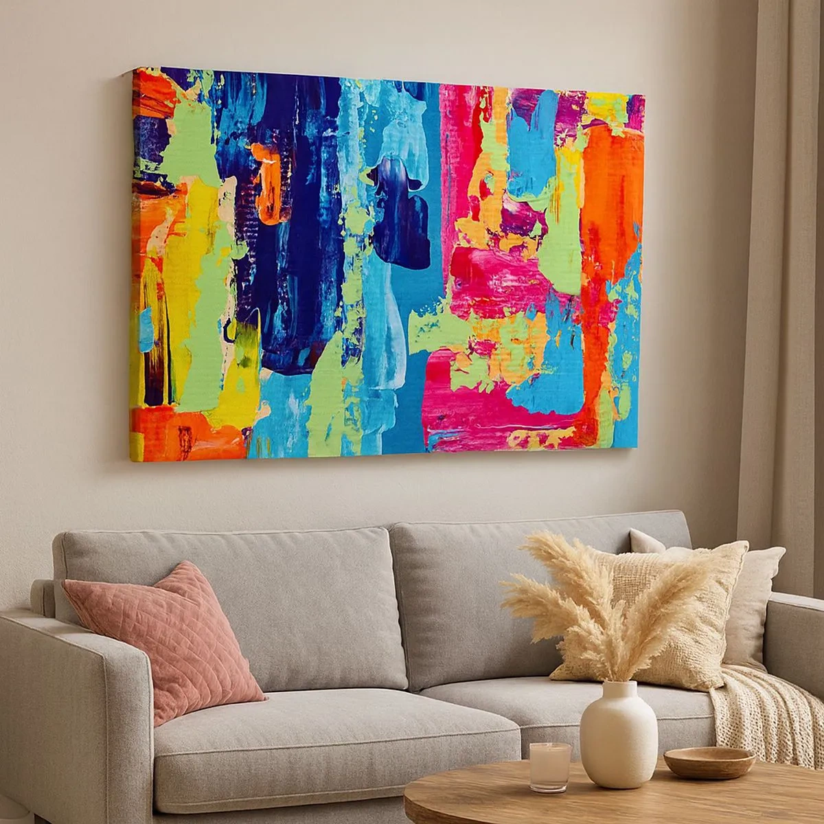 Bild auf Leinwand - Leinwandbild - Abstrakte Farbkomposition in dynamischer Form - 70x50cm - Das Leben ist wunderschoen! - Moderne Wanddekoration für Wohnzimmer und Schlafzimmer ARTTOR