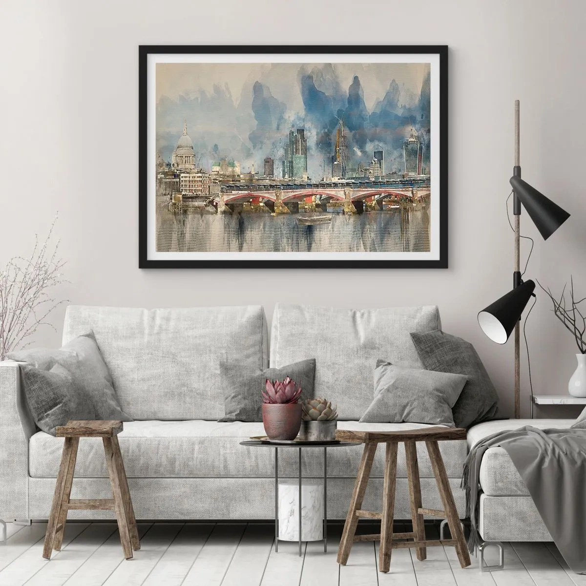 Poster in einem schwarzem Rahmen - Aquarellansicht der Brücke und der Skyline der Stadt - 100x70cm - London in seiner ganzen Pracht - Moderne Wanddekoration für Wohnzimmer und Schlafzimmer ARTTOR
