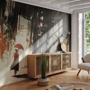 Fototapete Standard Eco - Die Poesie des roten Regenschirms - Stadt, Frau, Die Architektur - 250x175 cm