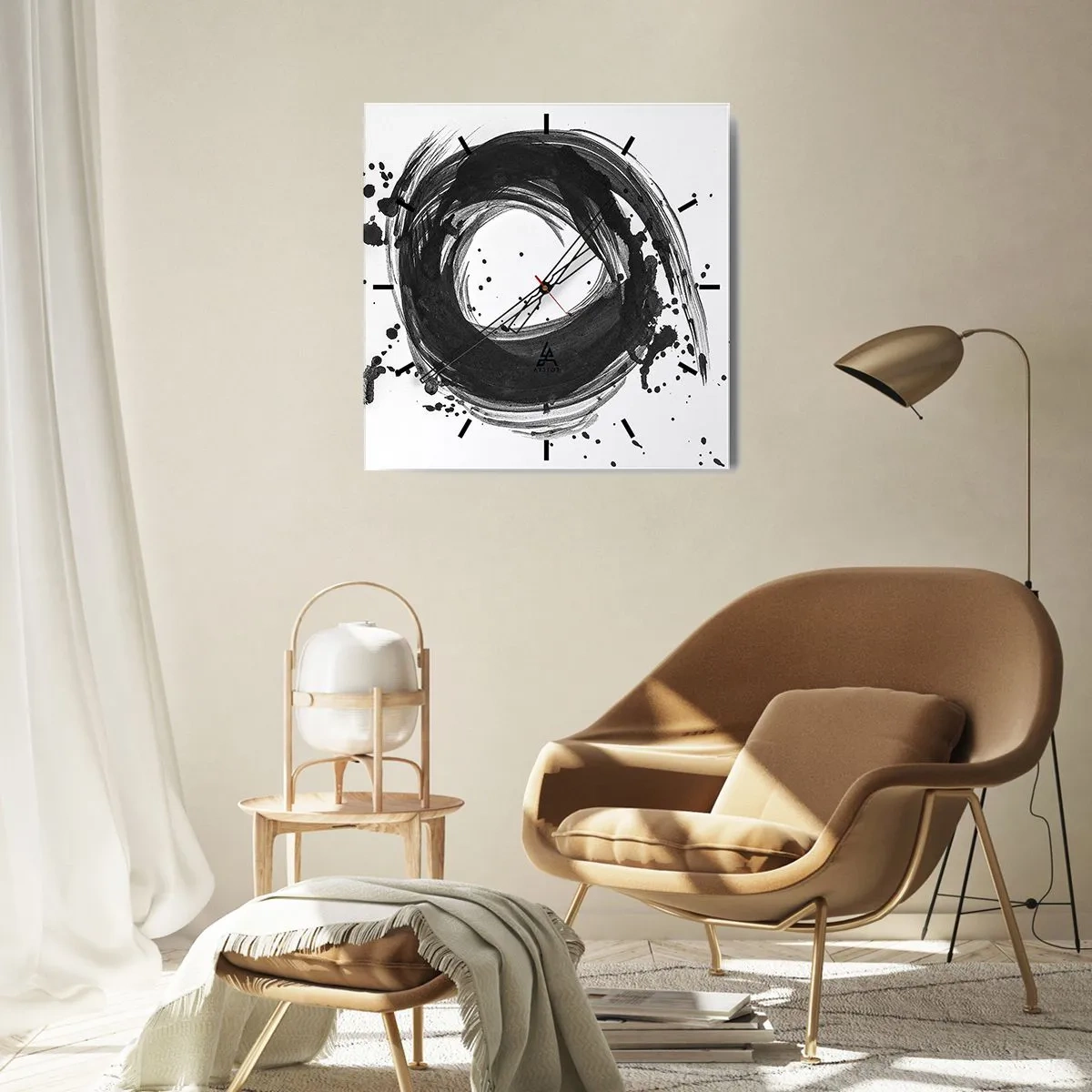 Wanduhr - Glasuhr - Schwarze Abstraktion in Form eines Kreises auf weißem Hintergrund - 30x30cm - Der Wirbel der Schöpfung - Moderne Wanddekoration für Wohnzimmer und Schlafzimmer ARTTOR