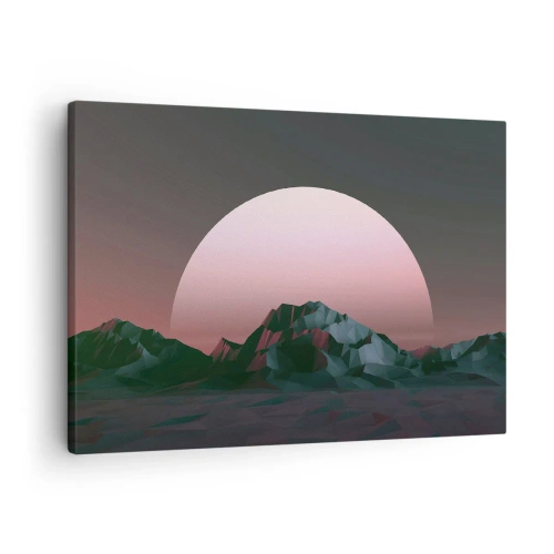Bild auf Leinwand - Leinwandbild - Geometrische Berge mit der untergehenden Sonne im Hintergrund - 70x50cm - In einer Nachbargalaxie - Moderne Wanddekoration für Wohnzimmer und Schlafzimmer ARTTOR