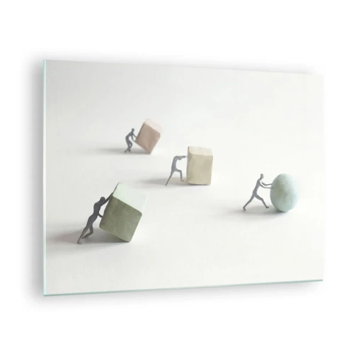 Glasbild - Bild auf glas - Miniaturfiguren rollen und schieben geometrische Formen. - 70x50cm - Pures Leben - Moderne Wanddekoration für Wohnzimmer und Schlafzimmer ARTTOR