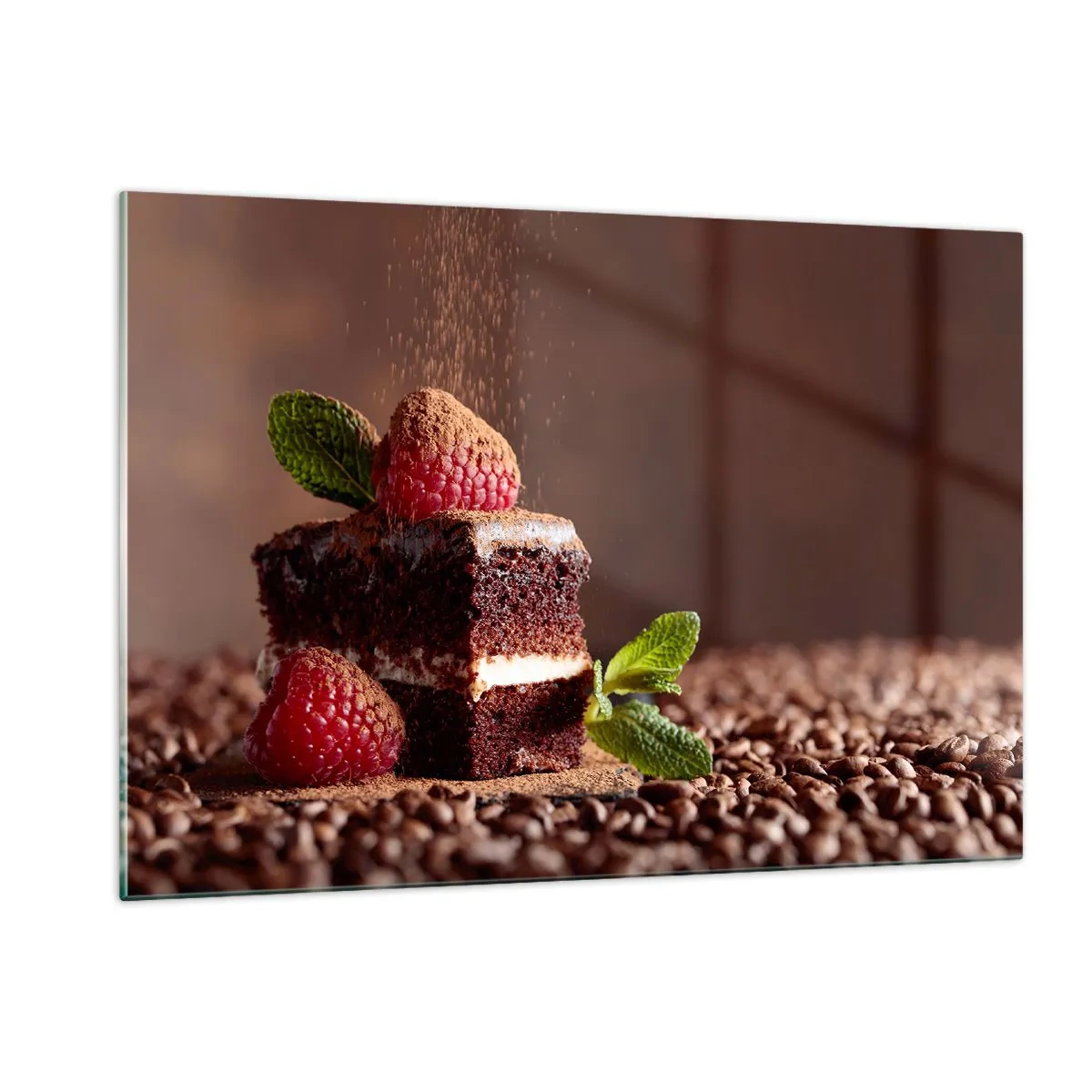 Glasbild - Bild auf glas - Schokoladendessert mit Himbeeren und Minzblättern - 120x80cm - Das Leben ist süß - Moderne Wanddekoration für Wohnzimmer und Schlafzimmer ARTTOR