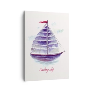 Bild auf Leinwand - Leinwandbild - Ein Aquarell eines Segelboots auf dem Wasser mit einer zarten Inschrift - 50x70cm - Volle Segel und ruhiges Wasser - Moderne Wanddekoration für Wohnzimmer und Schlafzimmer ARTTOR