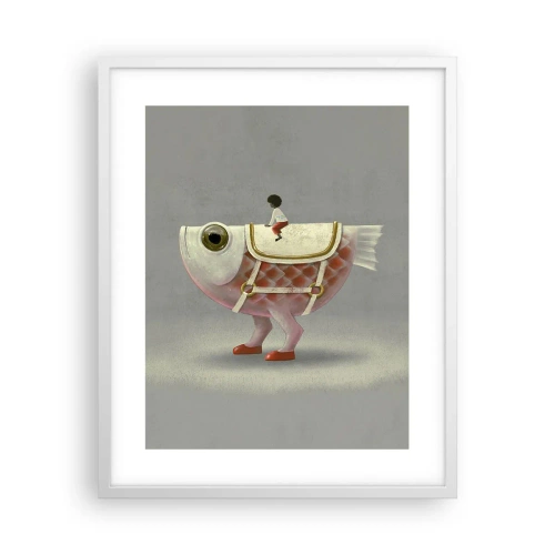 Poster in einem weißen Rahmen - Reiter auf einem surrealen Fisch - 40x50 cm
