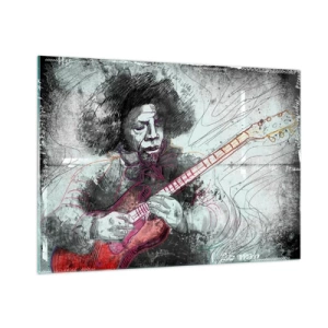 Glasbild - Bild auf glas - Künstlerisches Portrait eines Musikers mit E-Gitarre - 100x70cm - Auf den Wellen der Musik - Moderne Wanddekoration für Wohnzimmer und Schlafzimmer ARTTOR