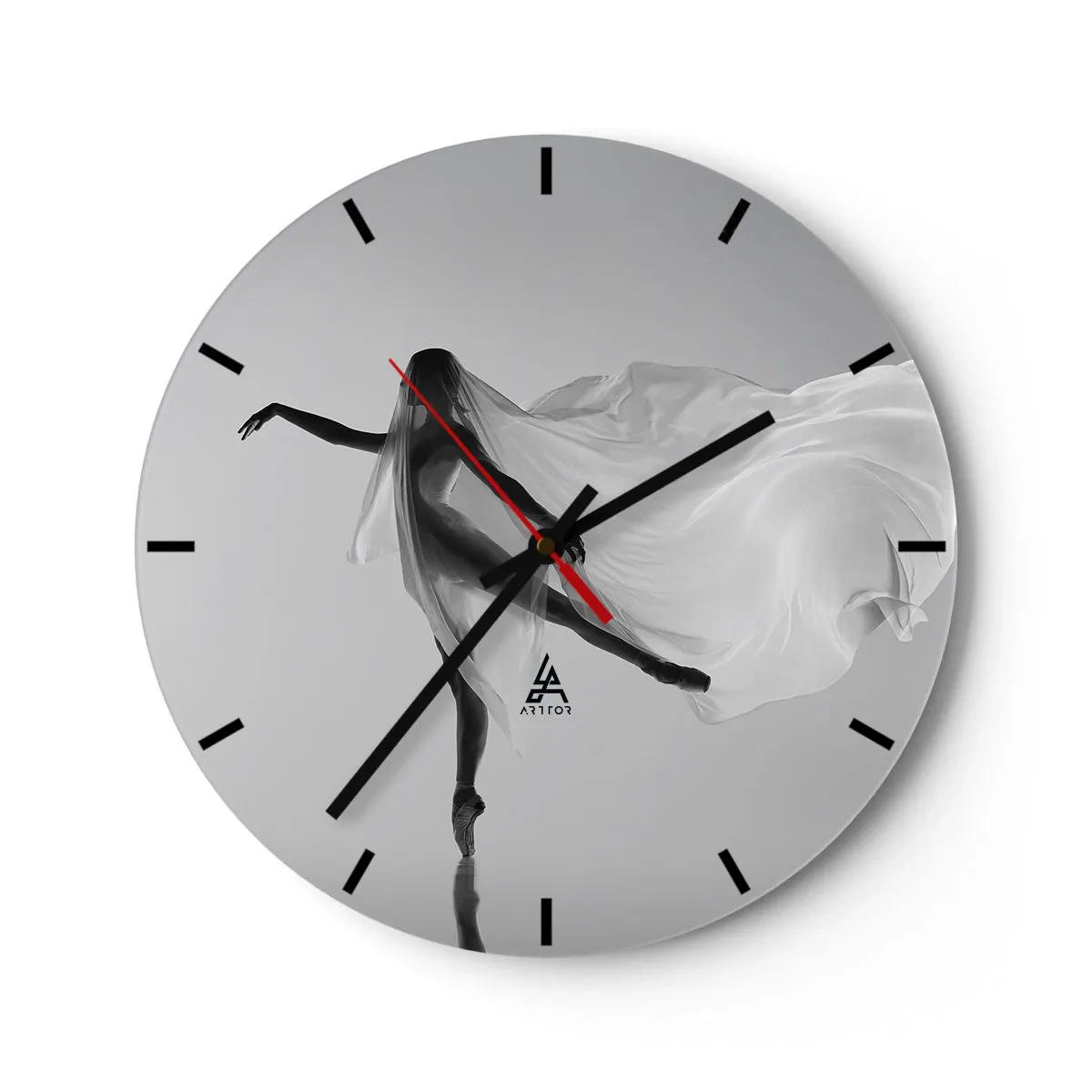 Wanduhr - Glasuhr - Eine Ballerina in Bewegung, eingehüllt in luftigen Stoff vor grauem Hintergrund - 30x30cm - Leichtigkeit und Anmut - Moderne Wanddekoration für Wohnzimmer, Küche und Schlafzimmer ARTTOR