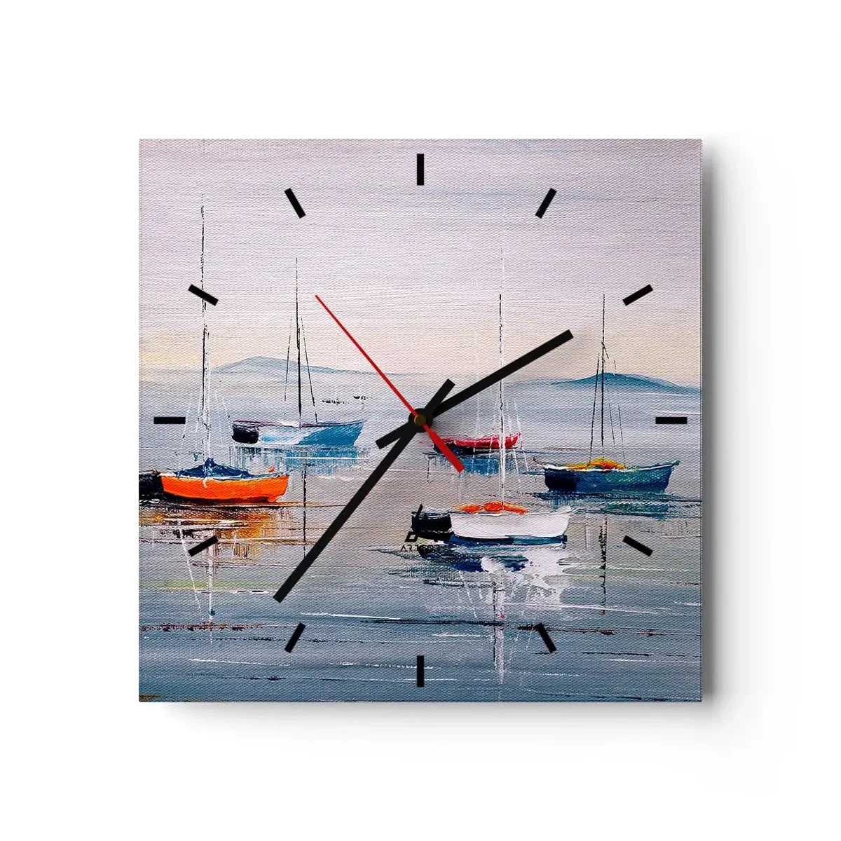 Wanduhr - Glasuhr - Bunte Boote auf ruhigem Wasser - 30x30cm - Wohlverdiente Ruhe - Moderne Wanddekoration für Wohnzimmer und Schlafzimmer ARTTOR