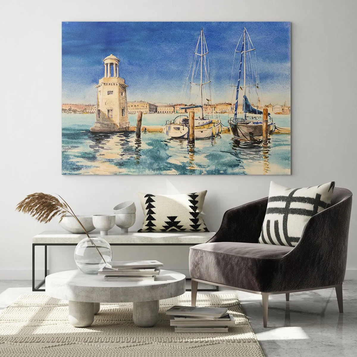 Glasbild - Bild auf glas - Aquarell-Jachthafen mit Leuchtturm und festgemachten Yachten - 100x70cm - Sonnige Lagune - Moderne Wanddekoration für Wohnzimmer und Schlafzimmer ARTTOR