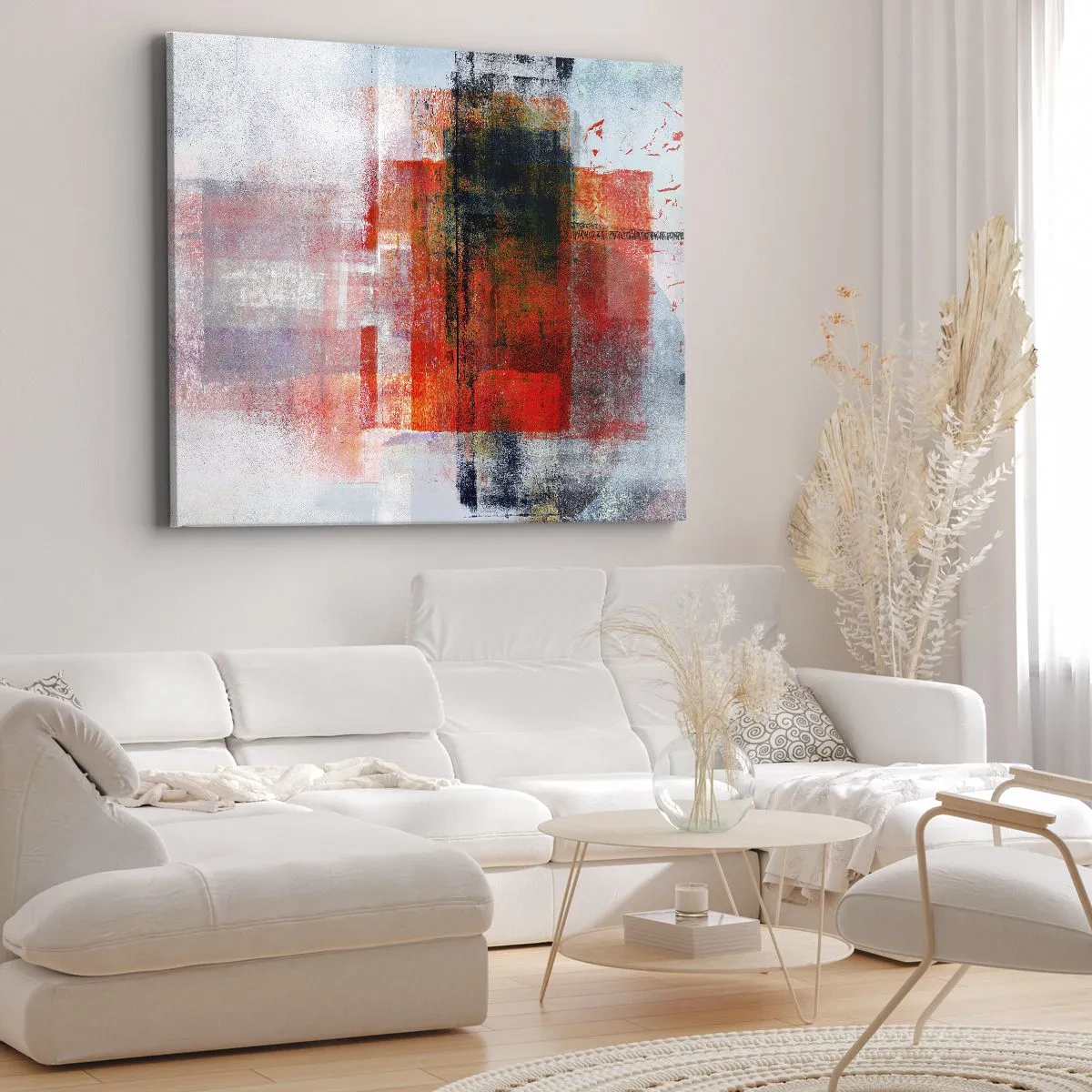 Bild auf Leinwand - Leinwandbild - Abstrakte geometrische Komposition mit roten und orangefarbenen Akzenten - 100x70cm - Komposition leuchtet - Moderne Wanddekoration für Wohnzimmer und Schlafzimmer ARTTOR