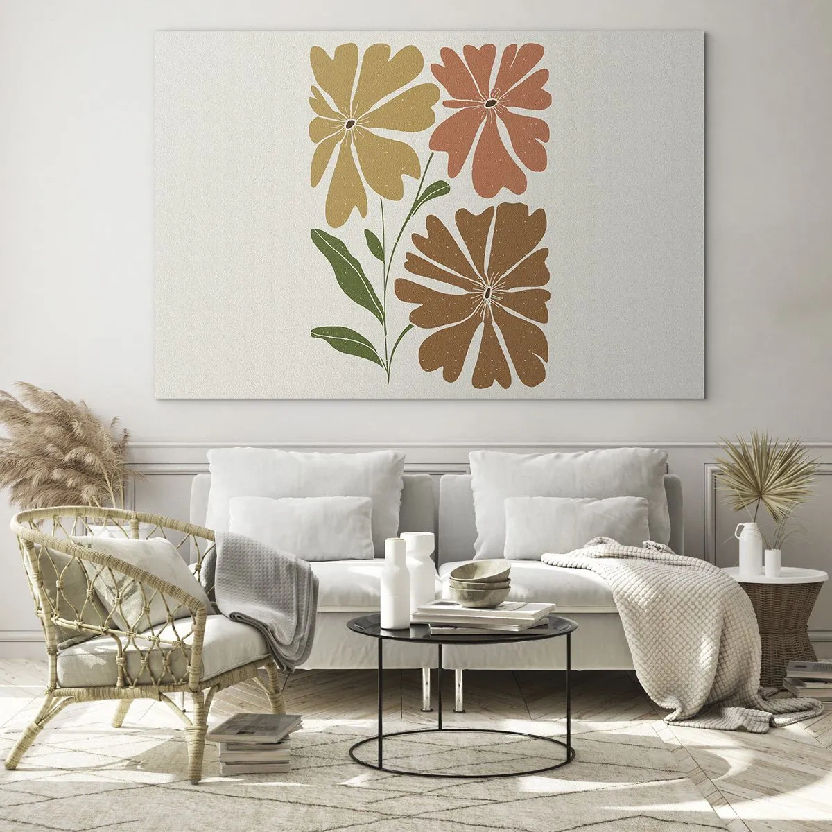 Glasbild - Bild auf glas - Drei stilisierte Blumen in warmen Farben auf hellem Hintergrund - 70x50cm - Natur und Geometrie - Moderne Wanddekoration für Wohnzimmer und Schlafzimmer ARTTOR