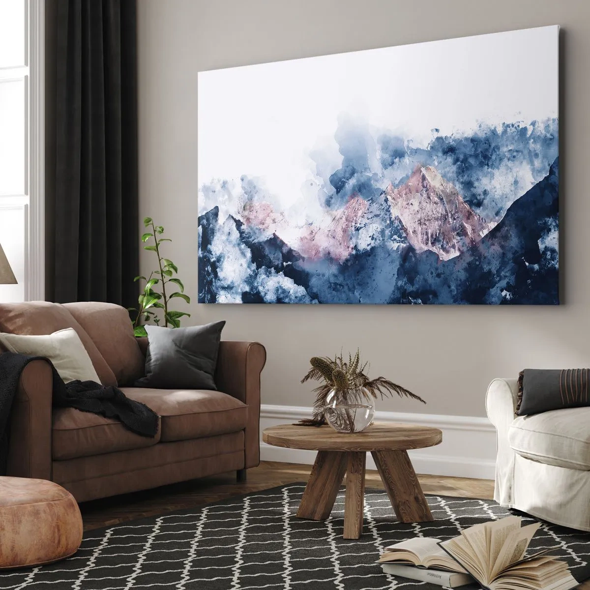 Bild auf Leinwand - Leinwandbild - Aquarell Berge in Pastelltönen auf weißem Hintergrund - 70x50cm - Das sind die Spitzen! - Moderne Wanddekoration für Wohnzimmer und Schlafzimmer ARTTOR