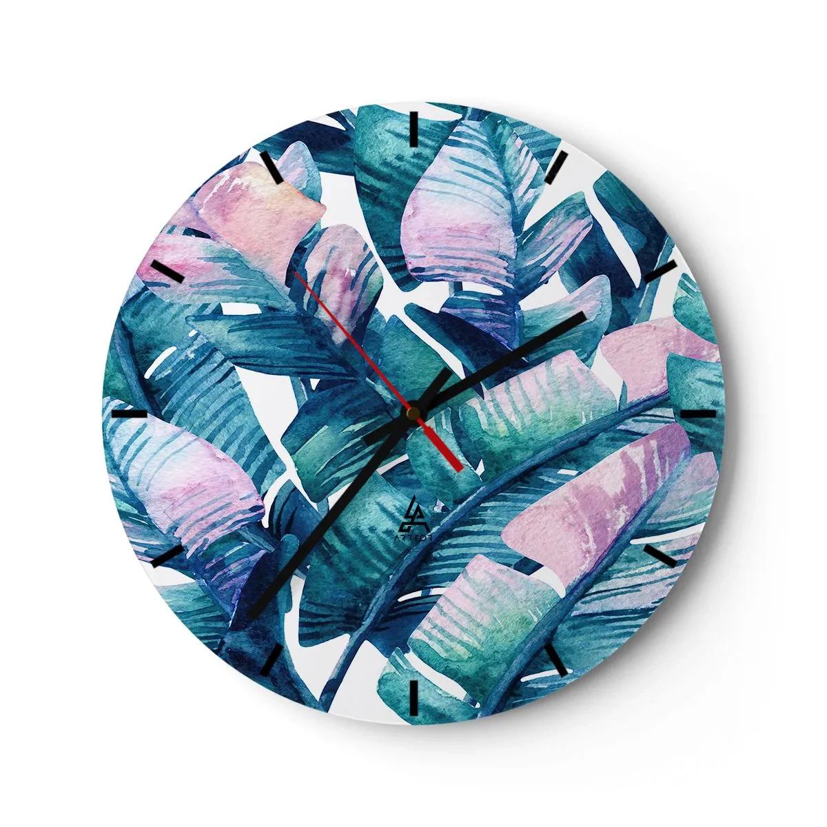 Wanduhr - Glasuhr - Tropische Blätter in Grün- und Rosatönen - 30x30cm - In einem Bananenhain - Moderne Wanddekoration für Wohnzimmer, Küche und Schlafzimmer ARTTOR