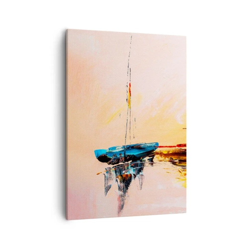 Bild auf Leinwand - Leinwandbild - Bunte Boote auf ruhigem Wasser bei Sonnenuntergang - 50x70cm - Abend im Yachthafen - Moderne Wanddekoration für Wohnzimmer und Schlafzimmer ARTTOR