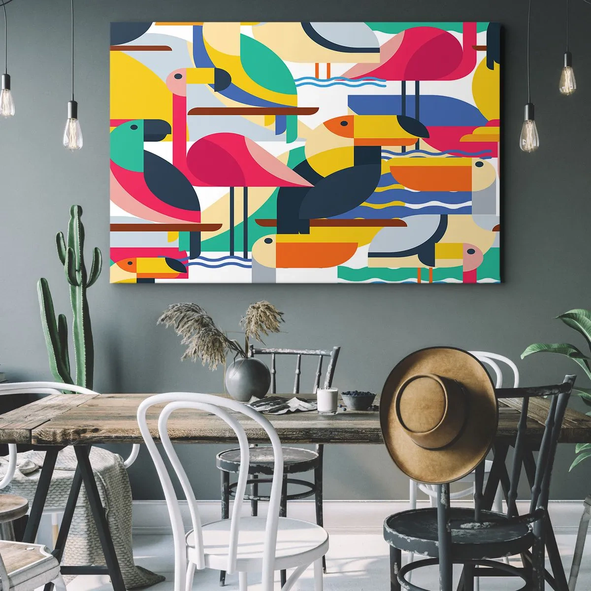Bild auf Leinwand - Leinwandbild - Bunte Vögel in einer abstrakten, geometrischen Komposition - 70x50cm - Vogelparty - Moderne Wanddekoration für Wohnzimmer und Schlafzimmer ARTTOR
