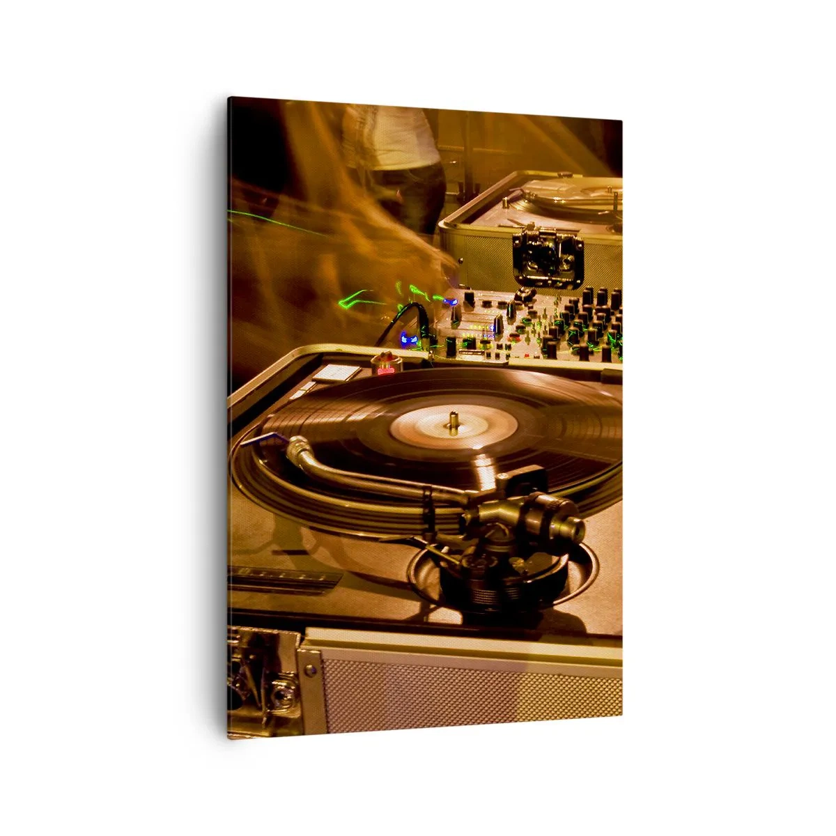Bild auf Leinwand - Leinwandbild - DJ-Equipment mit Plattenspieler und Mixer während einer Party - 70x100cm - Kannst du die Kraft spüren? - Moderne Wanddekoration für Wohnzimmer und Schlafzimmer ARTTOR