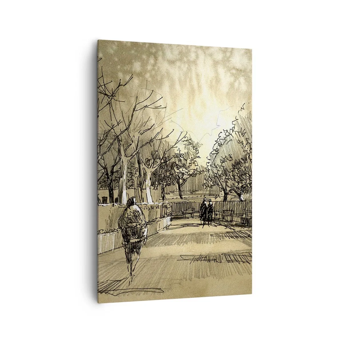 Bild auf Leinwand - Leinwandbild - Eine Cartoon-Szene eines Parks mit spazierenden Menschen in warmen Tönen. - 80x120cm - Ein Moment mit einer Feder angehalten - Moderne Wanddekoration für Wohnzimmer und Schlafzimmer ARTTOR