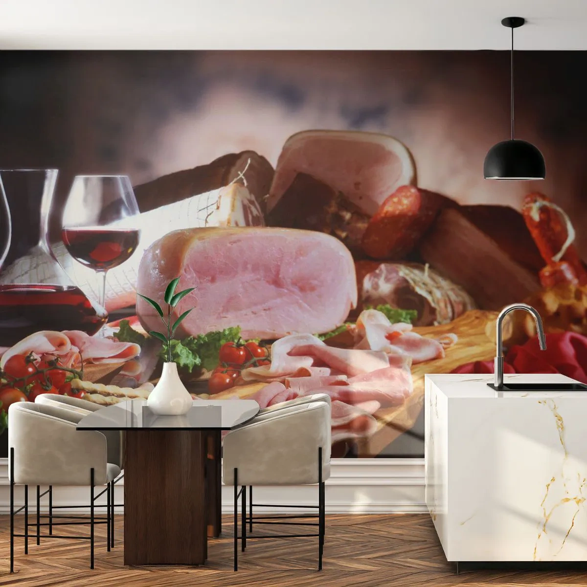 Fototapete Standard Eco - Ein kulinarischer Traum mit einer Karaffe - Gastronomie, Fleisch, Tomaten - 450x315 cm