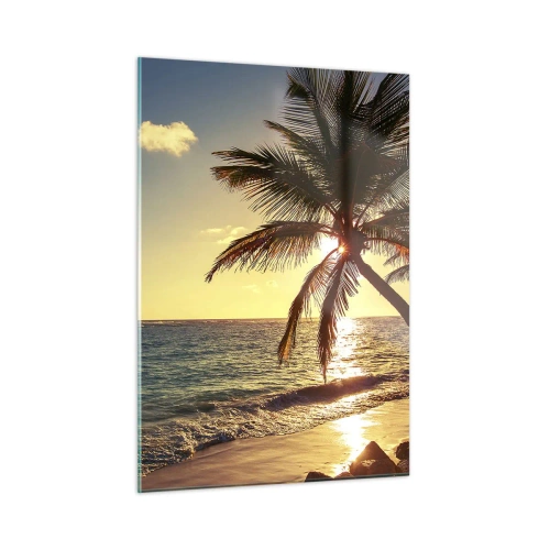 Glasbild - Bild auf glas - Tropischer Strand mit Palmen im Licht der untergehenden Sonne - 50x70cm - Sommer unter Palmen - Moderne Wanddekoration für Wohnzimmer und Schlafzimmer ARTTOR
