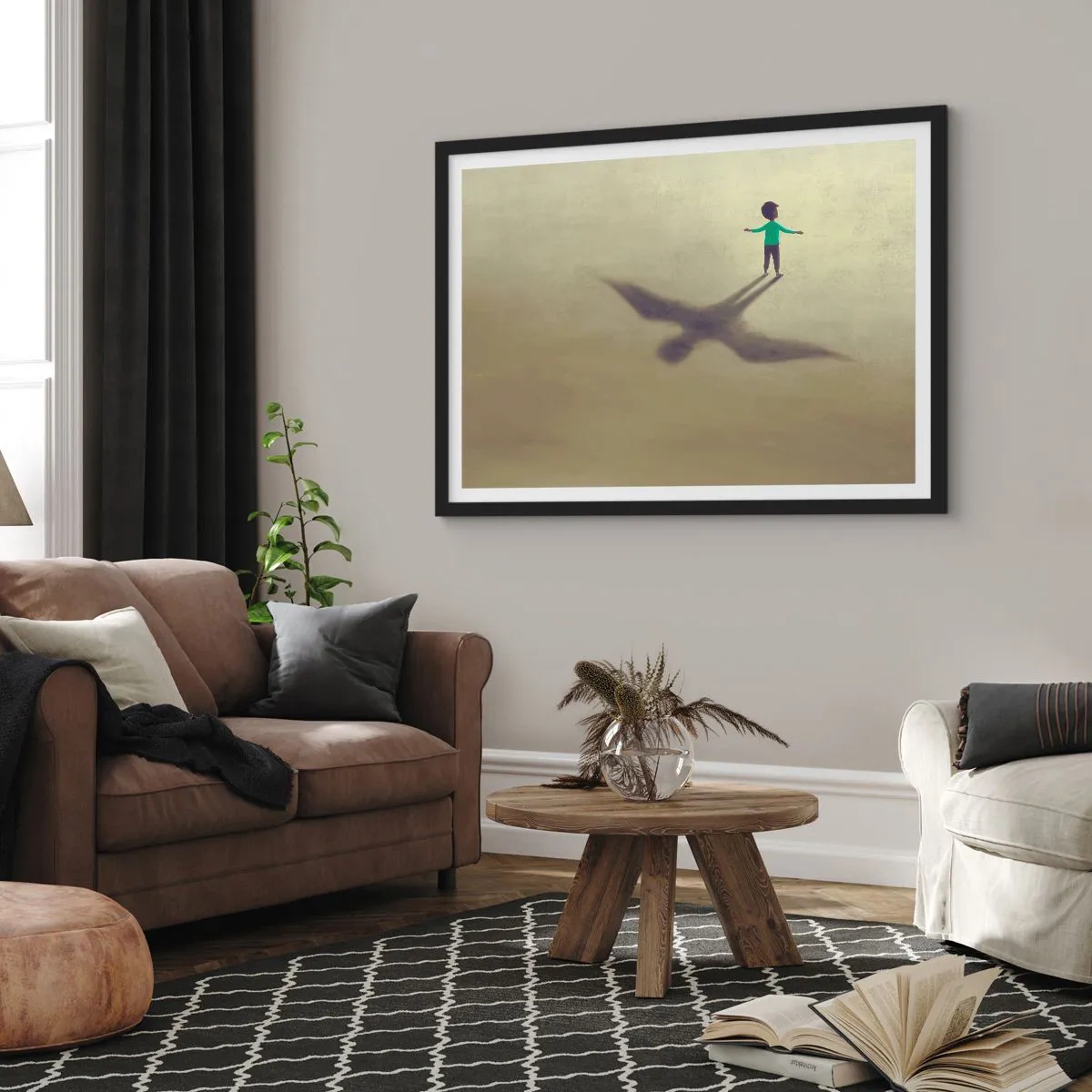 Poster in einem schwarzem Rahmen - Eine symbolische Figur eines Kindes mit dem Schatten eines Vogels vor einem Hintergrund in warmen Farbtönen. - 70x50cm - Der Held der Zukunft - Moderne Wanddekoration für Wohnzimmer und Schlafzimmer ARTTOR