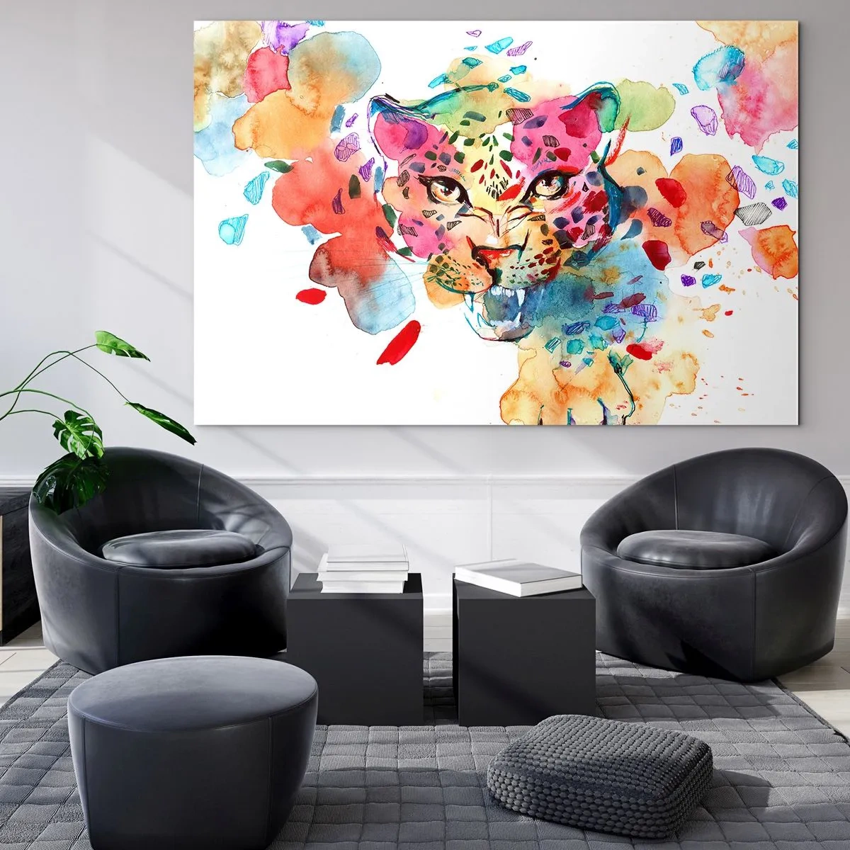 Glasbild - Bild auf glas - Buntes Aquarellporträt eines Leoparden - 70x50cm - Die Schöne und das Biest - Moderne Wanddekoration für Wohnzimmer und Schlafzimmer ARTTOR