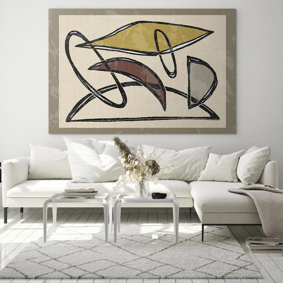 Glasbild - Bild auf glas - Geometrische Abstraktion in Gelb und Rot - 70x50cm - Vertikale und Horizontale - Moderne Wanddekoration für Wohnzimmer und Schlafzimmer ARTTOR