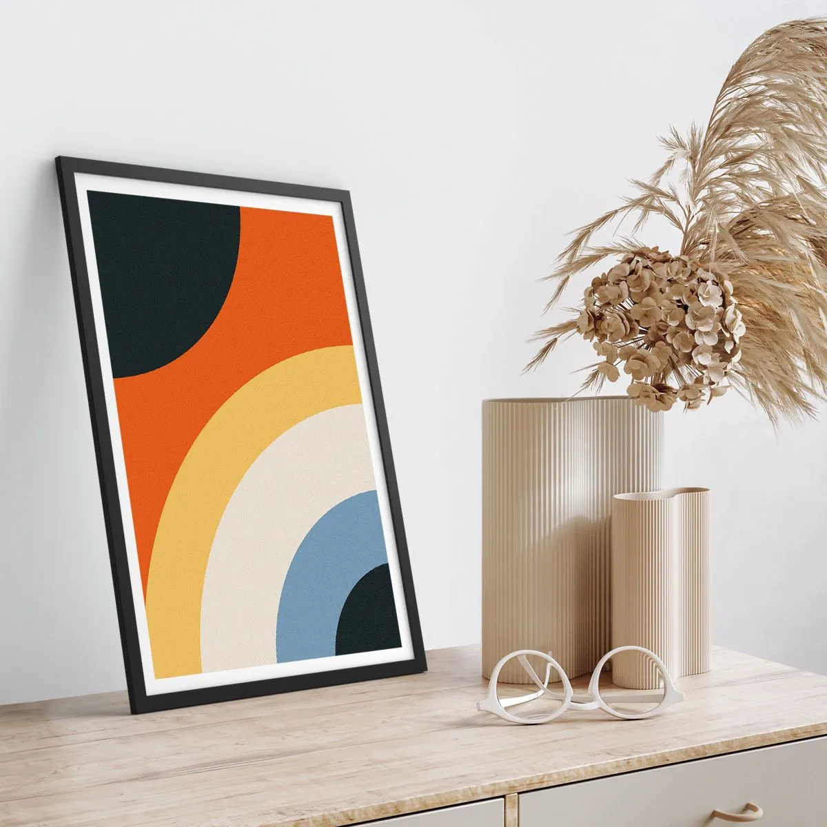 Poster in einem schwarzem Rahmen - Abstrakte bunte Bögen und Kreise - 50x70cm - Zu mir selbst - Moderne Wanddekoration für Wohnzimmer und Schlafzimmer ARTTOR