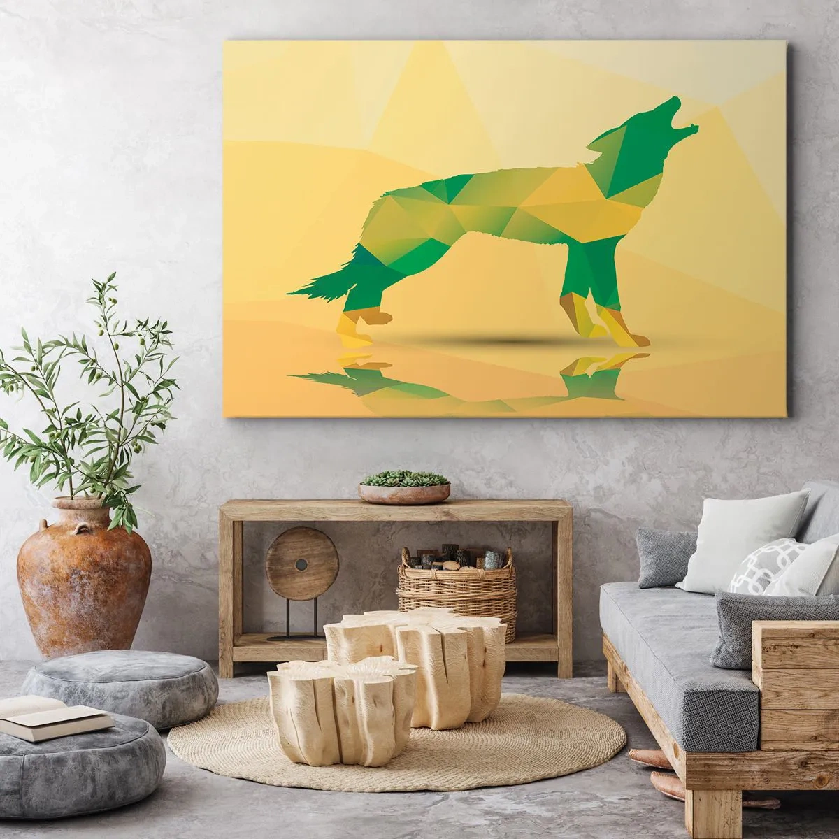 Bild auf Leinwand - Leinwandbild - Geometrische Wolfssilhouette in Grün- und Gelbtönen - 100x70cm - Ein einsamer Wolf - Moderne Wanddekoration für Wohnzimmer und Schlafzimmer ARTTOR