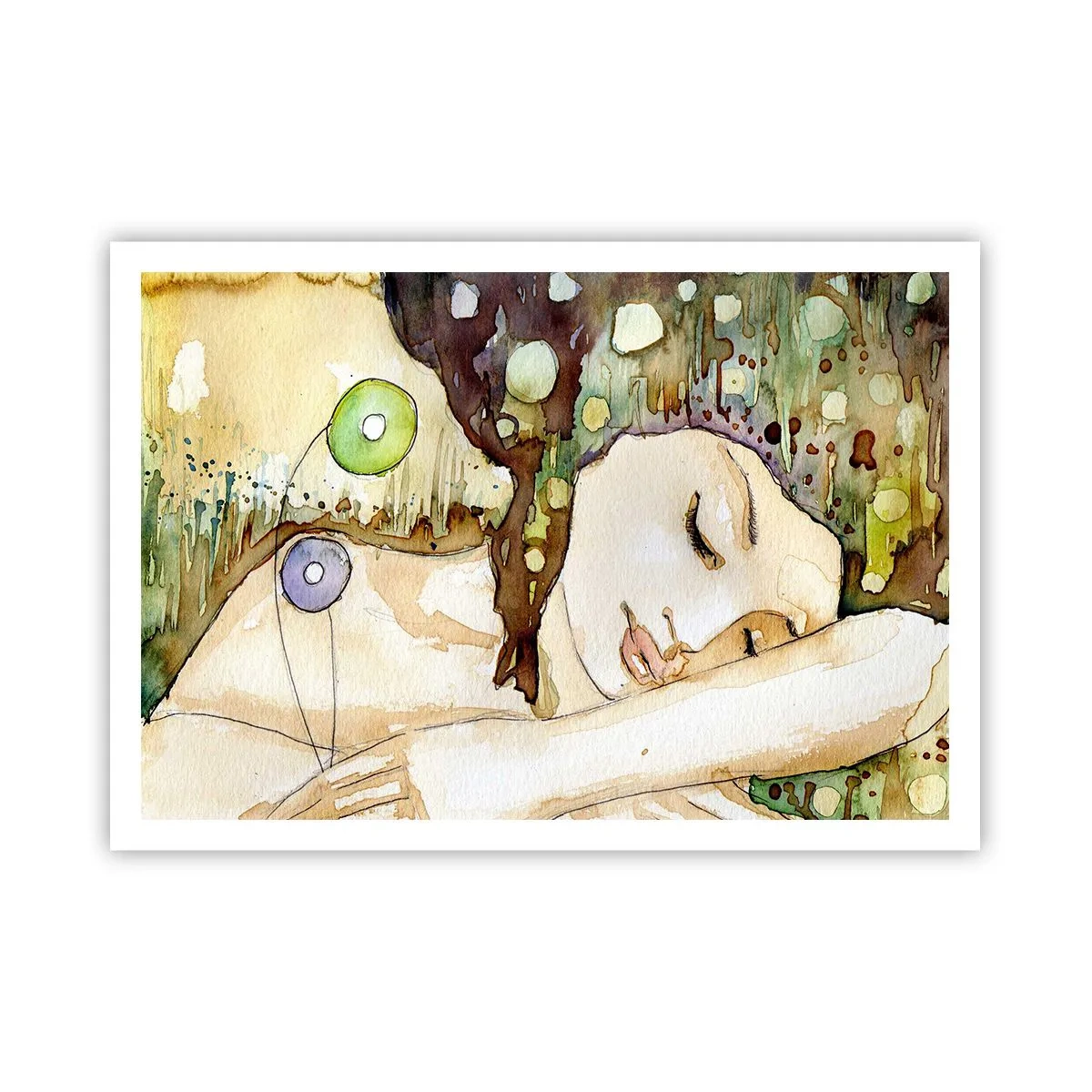 Poster - Eine träumende Frau, umgeben von abstrakten Formen und Farben. - 100x70cm - Ein smaragd-violetter Traum - Moderne Wanddekoration für Wohnzimmer und Schlafzimmer ARTTOR