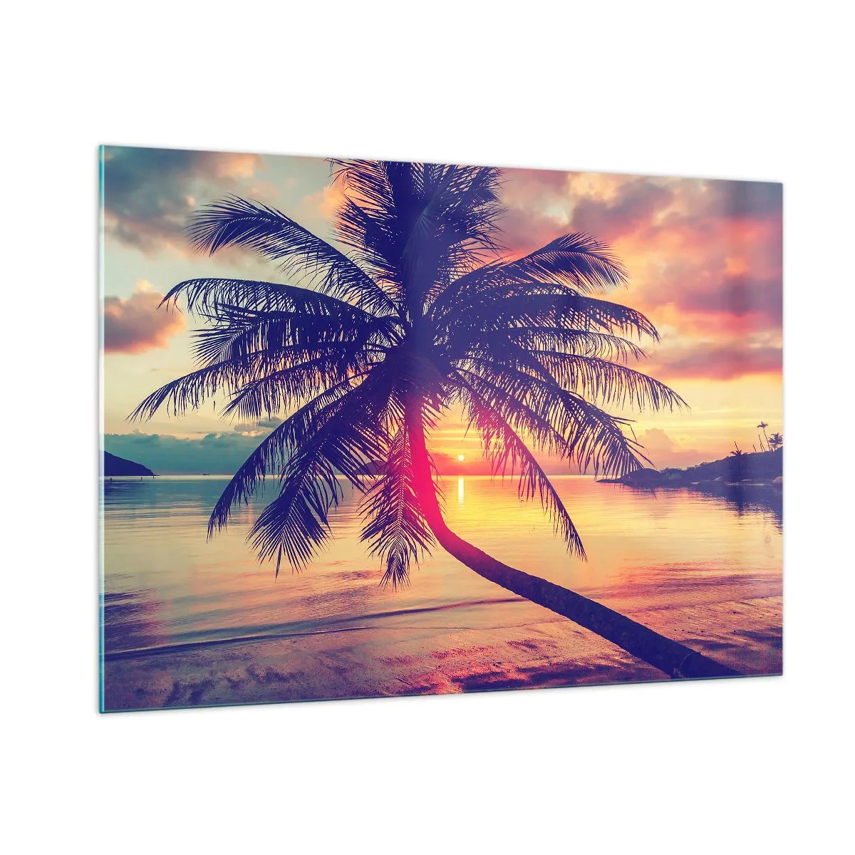 Glasbild - Bild auf glas - Palme bei Sonnenuntergang über einem ruhigen Meer - 100x70cm - Abend unter Palmen - Moderne Wanddekoration für Wohnzimmer und Schlafzimmer ARTTOR
