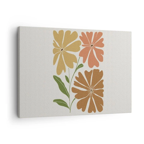 Bild auf Leinwand - Leinwandbild - Drei Blumen in warmen Farben auf hellem Hintergrund - 70x50cm - Natur und Geometrie - Moderne Wanddekoration für Wohnzimmer und Schlafzimmer ARTTOR