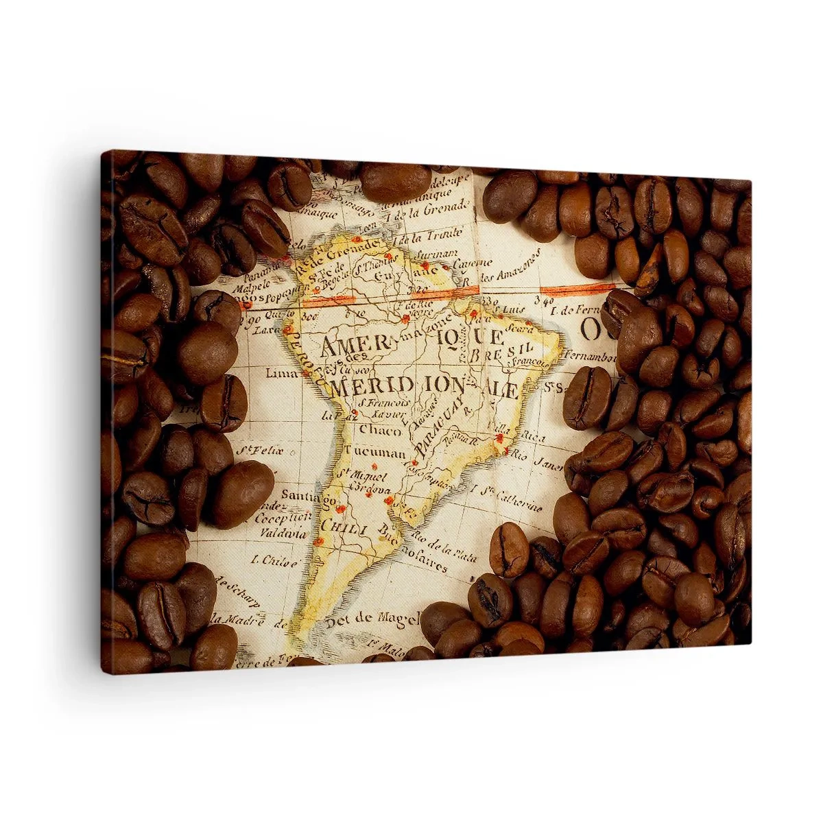 Bild auf Leinwand - Leinwandbild - Eine Karte von Südamerika, umgeben von Kaffeebohnen. - 70x50cm - Woher kommt der beste Kaffee? - Moderne Wanddekoration für Wohnzimmer und Schlafzimmer ARTTOR