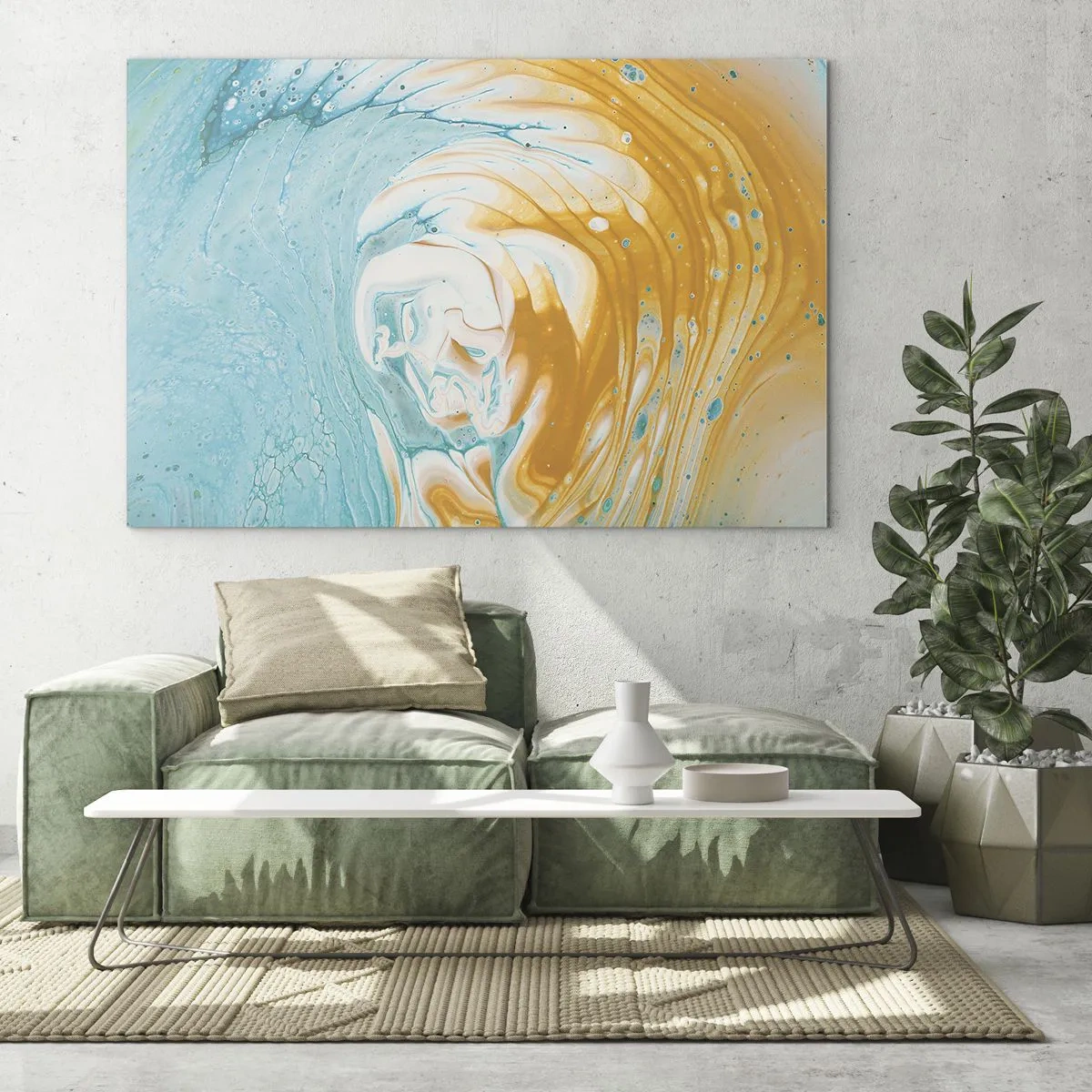 Glasbild - Bild auf glas - Pastellwirbel in blauen und gelben Farben - 70x50cm - Pastellwirbel - Moderne Wanddekoration für Wohnzimmer und Schlafzimmer ARTTOR