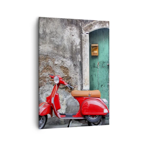 Bild auf Leinwand - Leinwandbild - Roter Roller an der grünen Tür - 50x70cm - Italienischer Urlaub - Moderne Wanddekoration für Wohnzimmer und Schlafzimmer ARTTOR
