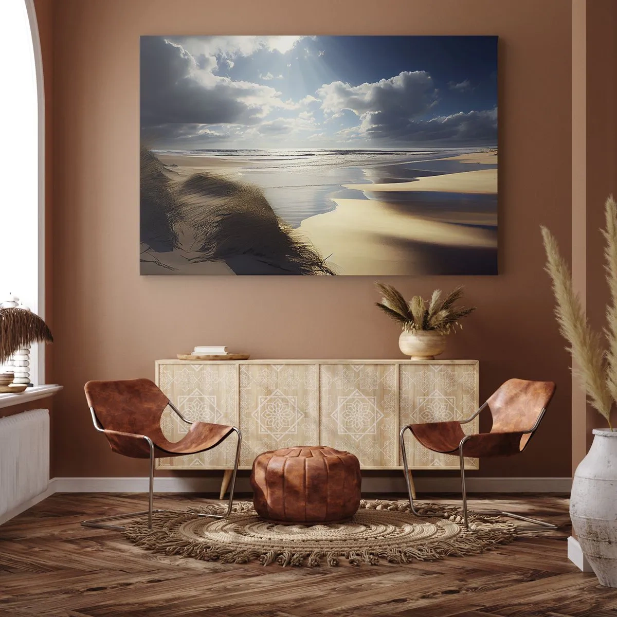 Bild auf Leinwand - Leinwandbild - Ein wilder Strand mit Dünen und blauem Himmel - 100x70cm - Strand, wilder Strand - Moderne Wanddekoration für Wohnzimmer und Schlafzimmer ARTTOR