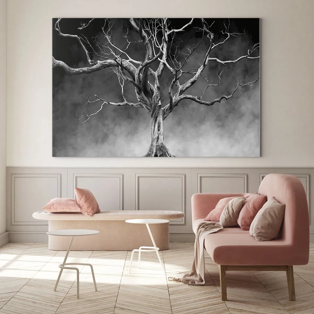 Glasbild - Bild auf glas - Schwarzer Baum gegen den Nebel - 120x80cm - Ursprünglich und heilig - Moderne Wanddekoration für Wohnzimmer und Schlafzimmer ARTTOR