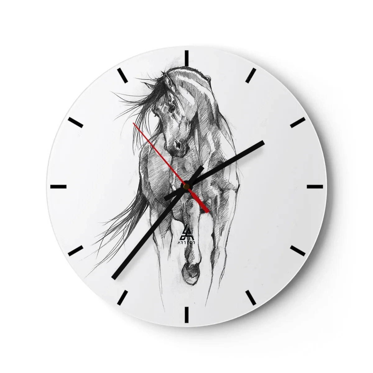 Wanduhr - Glasuhr - Eine Bleistiftskizze eines galoppierenden Pferdes auf weißem Hintergrund. - 30x30cm - Im anmutigen Trab - Moderne Wanddekoration für Wohnzimmer, Küche und Schlafzimmer ARTTOR