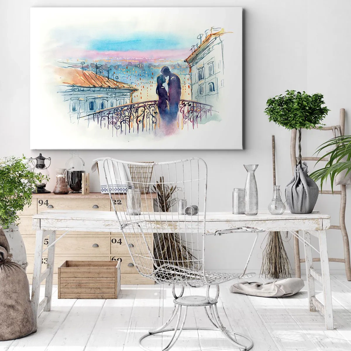 Bild auf Leinwand - Leinwandbild - Romantisches Paar auf einem Balkon mit Blick auf die Stadt - 70x50cm - Paris-Liebhaber - Moderne Wanddekoration für Wohnzimmer und Schlafzimmer ARTTOR